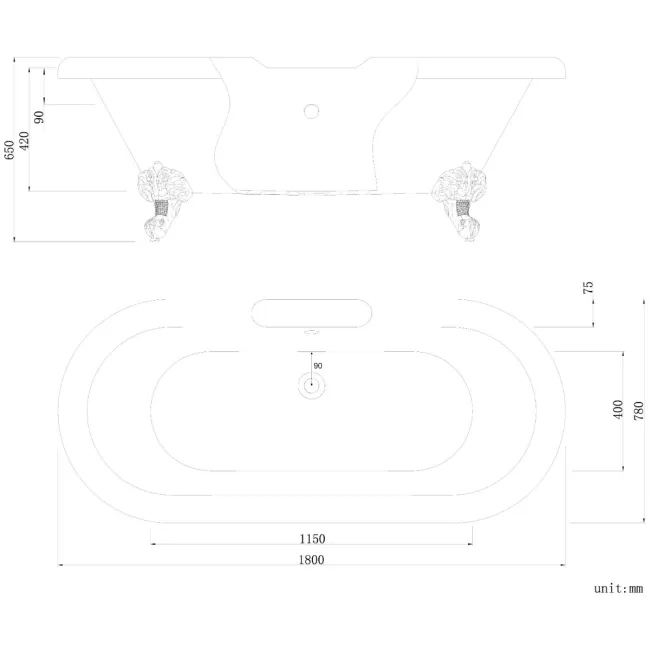 Grosvenor 1800mm Roll Top Bath - White Ball Feet