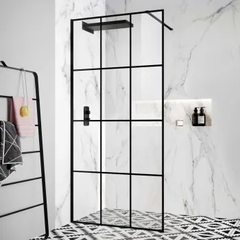 Munich Matt Black Grid Easy Clean 8mm Wet Room Shower Glass Panel 1100mm