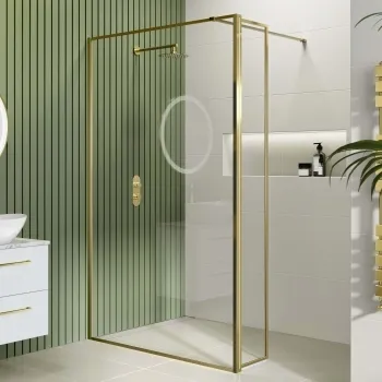 Munich Brushed Brass Framed 8mm Wet Room Shower Glass 1200mm & 250mm Pivotal Return Panel