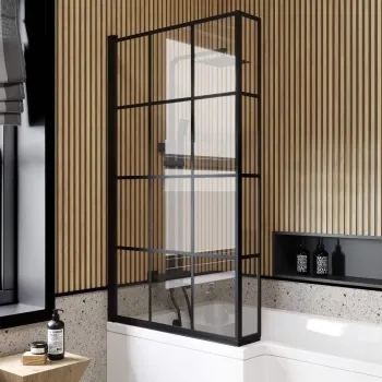 Zurich Easy Clean Matt Black Grid L Shaped Bath Screen - 800mm