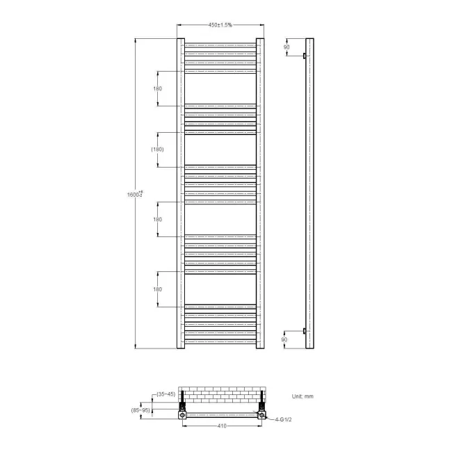Valetta Electric Matt Black Square Heated Towel Rail 1600x450mm