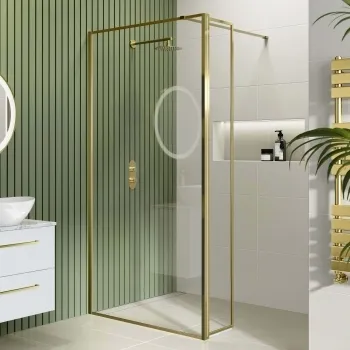 Munich Brushed Brass Framed 8mm Wet Room Shower Glass 1000mm & 250mm Pivotal Return Panel