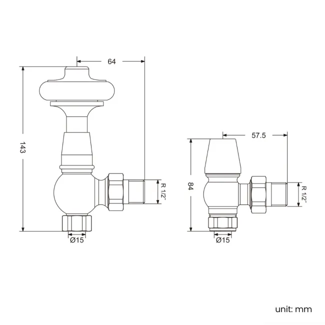 Chrome Angled Traditional Manual Thermostatic Radiator Valves (Pair) Standard 15mm