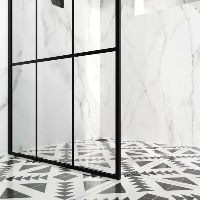 Munich Matt Black Grid Easy Clean 8mm Wet Room Shower Glass Panel 700mm