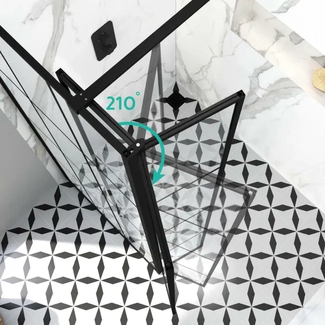 Munich Matt Black Grid 8mm Walk In Shower Enclosure 1400mm & 700mm Glass with Pivotal Return Panel