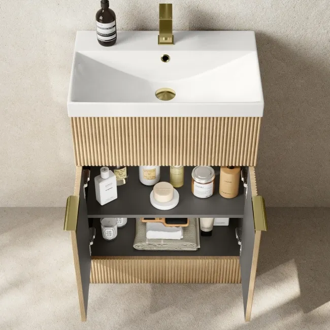 Havana Fluted Country Oak Basin Vanity 600mm - Brushed Brass Accents