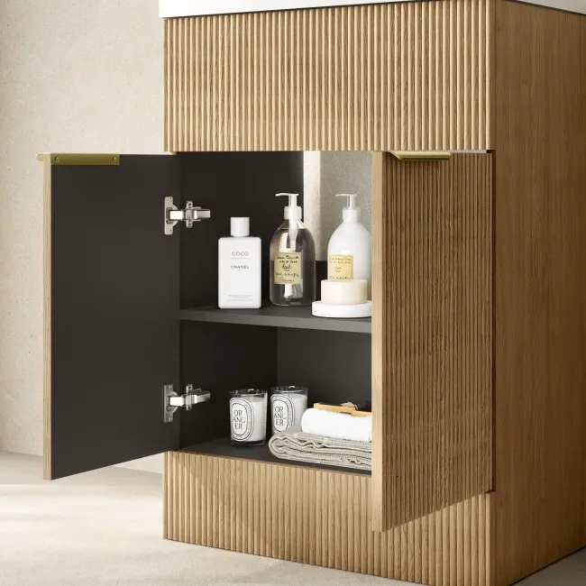 Havana Fluted Country Oak Basin Vanity 600mm - Brushed Brass Accents