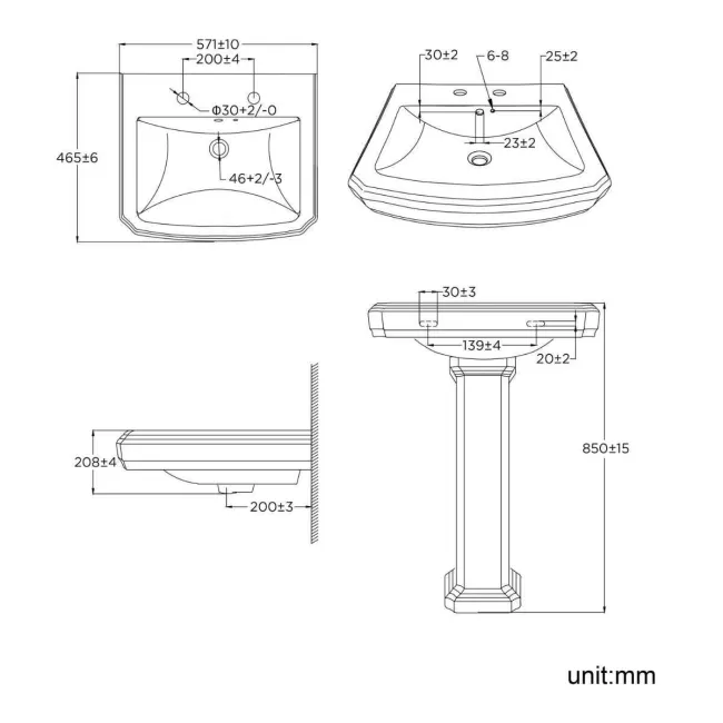 Hudson Traditional Pedestal Basin Double Tap Hole 570mm