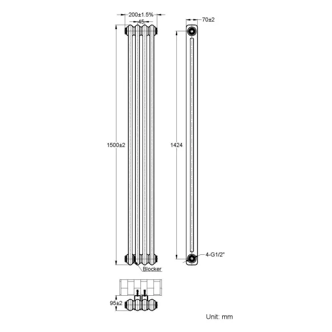 Athens White Double Column Vertical Traditional Radiator 1500x200mm