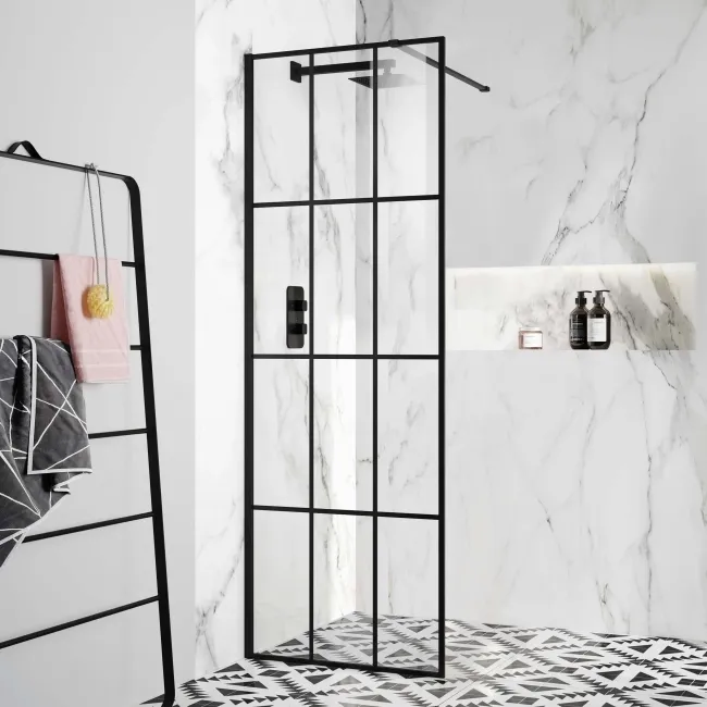 Munich Matt Black Grid Easy Clean 8mm Wet Room Shower Glass Panel 700mm