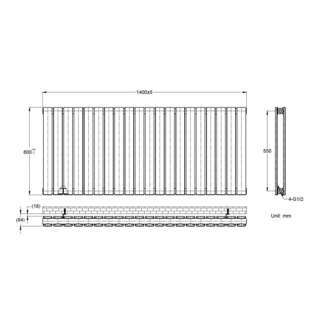 Faro Matt Black Double Flat Panel Horizontal Radiator 600x1400mm