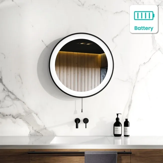 Mollie Battery Powered Black Framed Round Illuminated LED Mirror 500mm