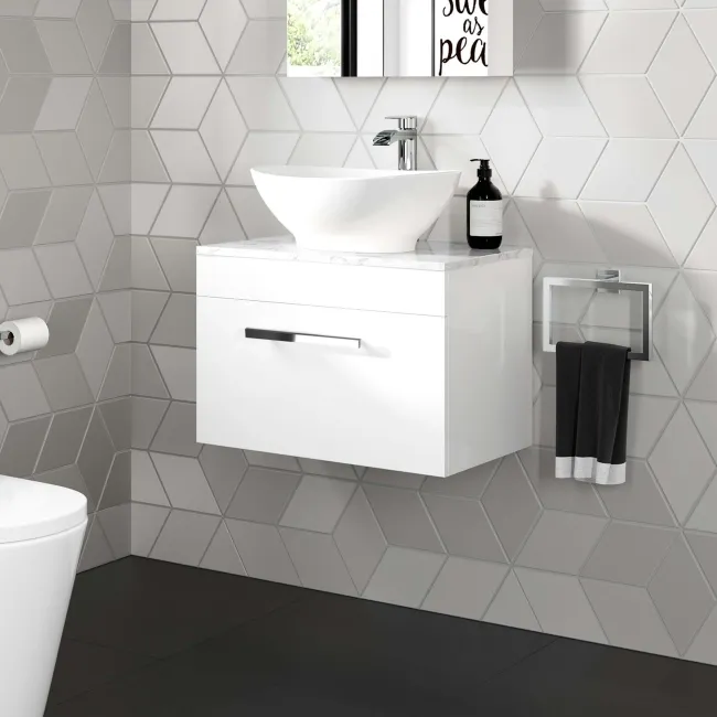 Avon Gloss White Wall Hung Drawer Vanity with Marble Top & Oval Counter Top Basin 600mm