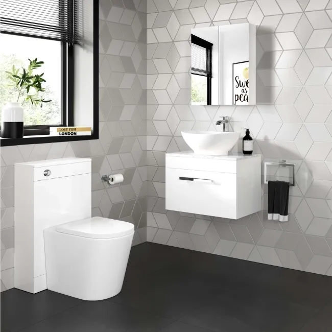 Avon Gloss White Wall Hung Drawer Vanity with Marble Top & Oval Counter Top Basin 600mm