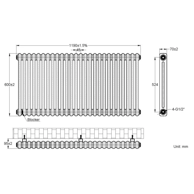 Athens Matt Black Double Column Horizontal Traditional Radiator 600x1190mm