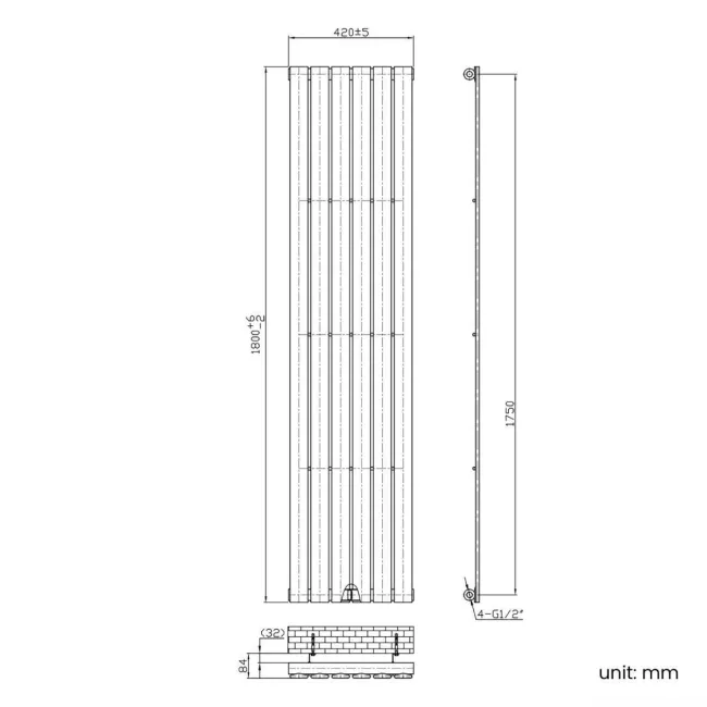 Faro Anthracite Single Flat Panel Vertical Radiator 1800x420mm