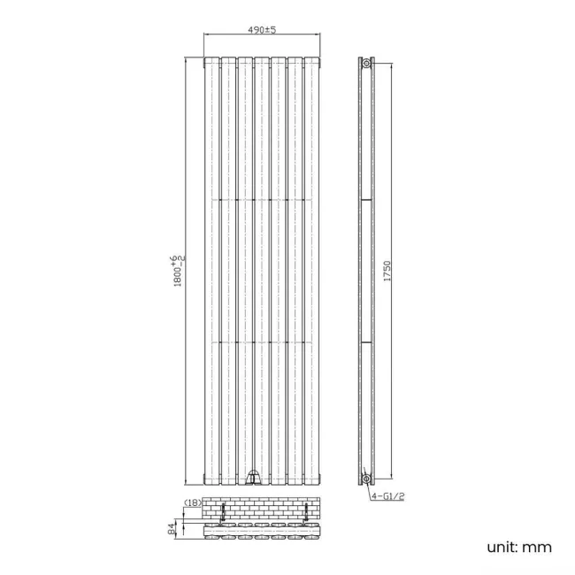 Faro Anthracite Double Flat Panel Vertical Radiator 1800x490mm