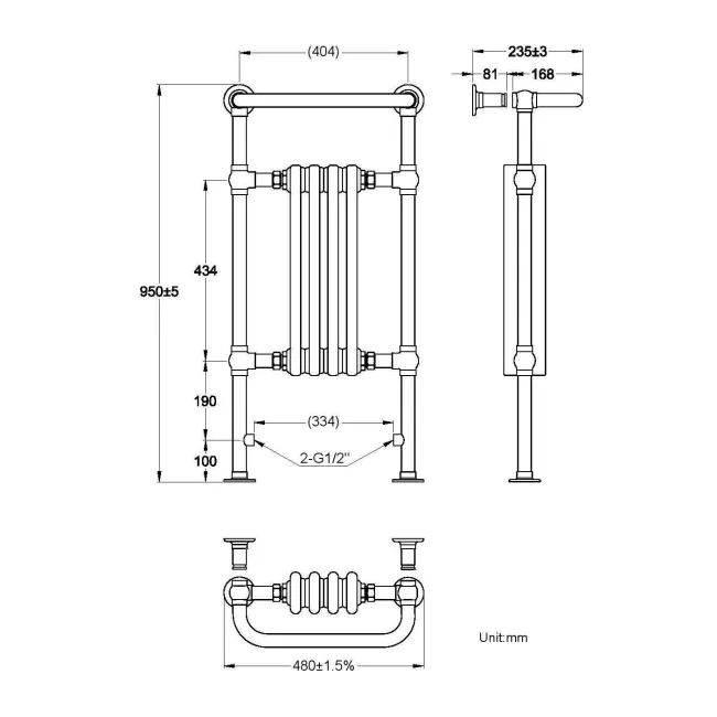 Gibraltar Small Black Traditional Heated Towel Radiator (With Overhanging Rail)