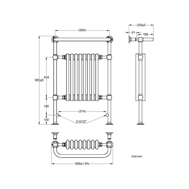 Gibraltar Large Black Traditional Heated Towel Radiator (With Overhanging Rail)