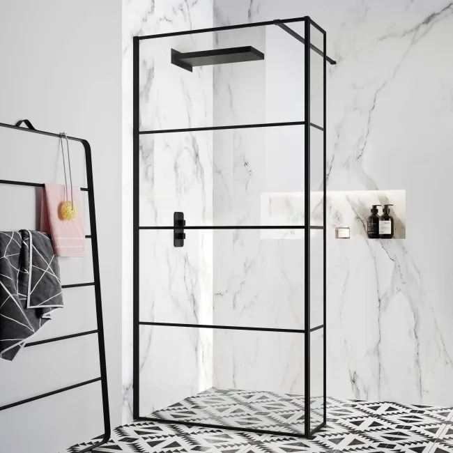 Munich Matt Black Grid 8mm Wet Room Shower Glass 1000mm & 250mm Return Panel