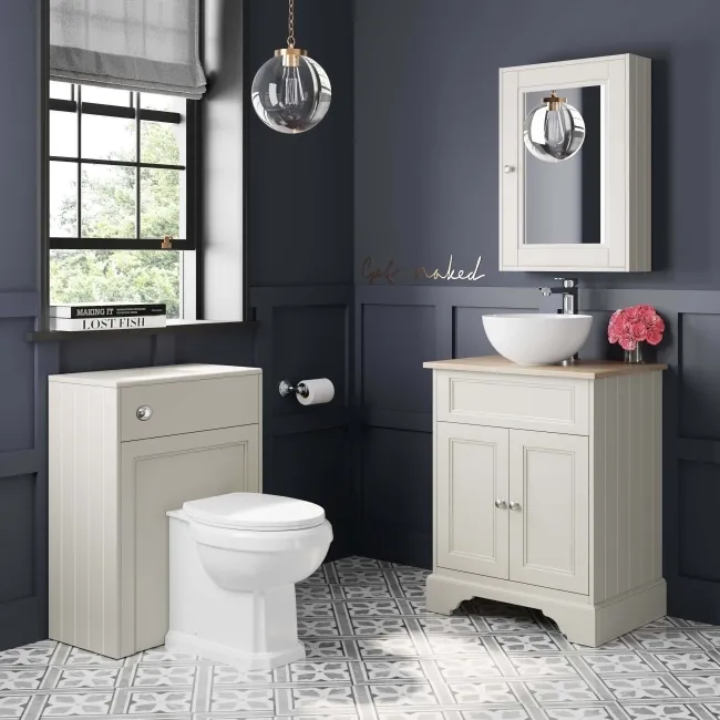 Lucia Chalk White Vanity With Oak Effect Top & Round Counter Top Basin 640mm