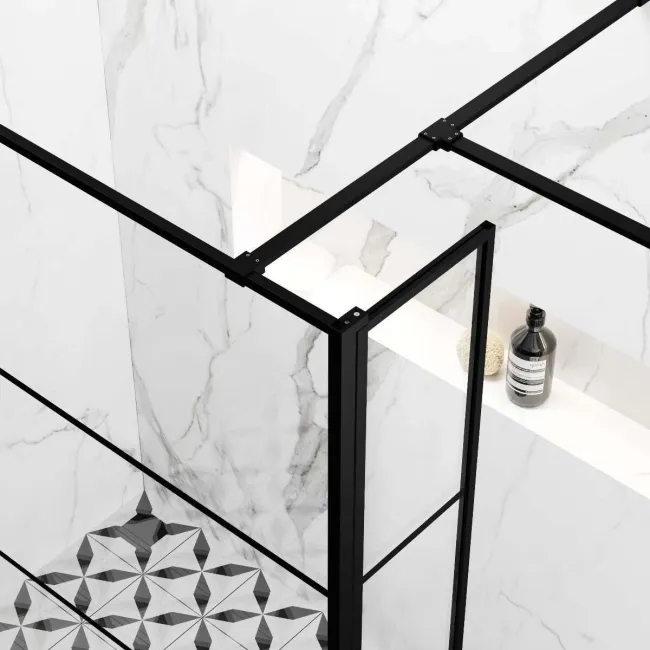 Munich Matt Black Grid 8mm Walk In Shower Enclosure 800mm & 700mm Glass with Pivotal Return Panel