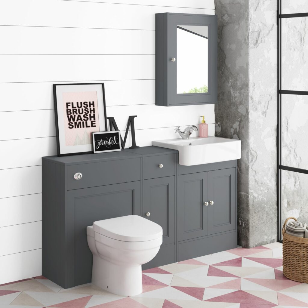 grey unit, white toilet, pink geometric flooring