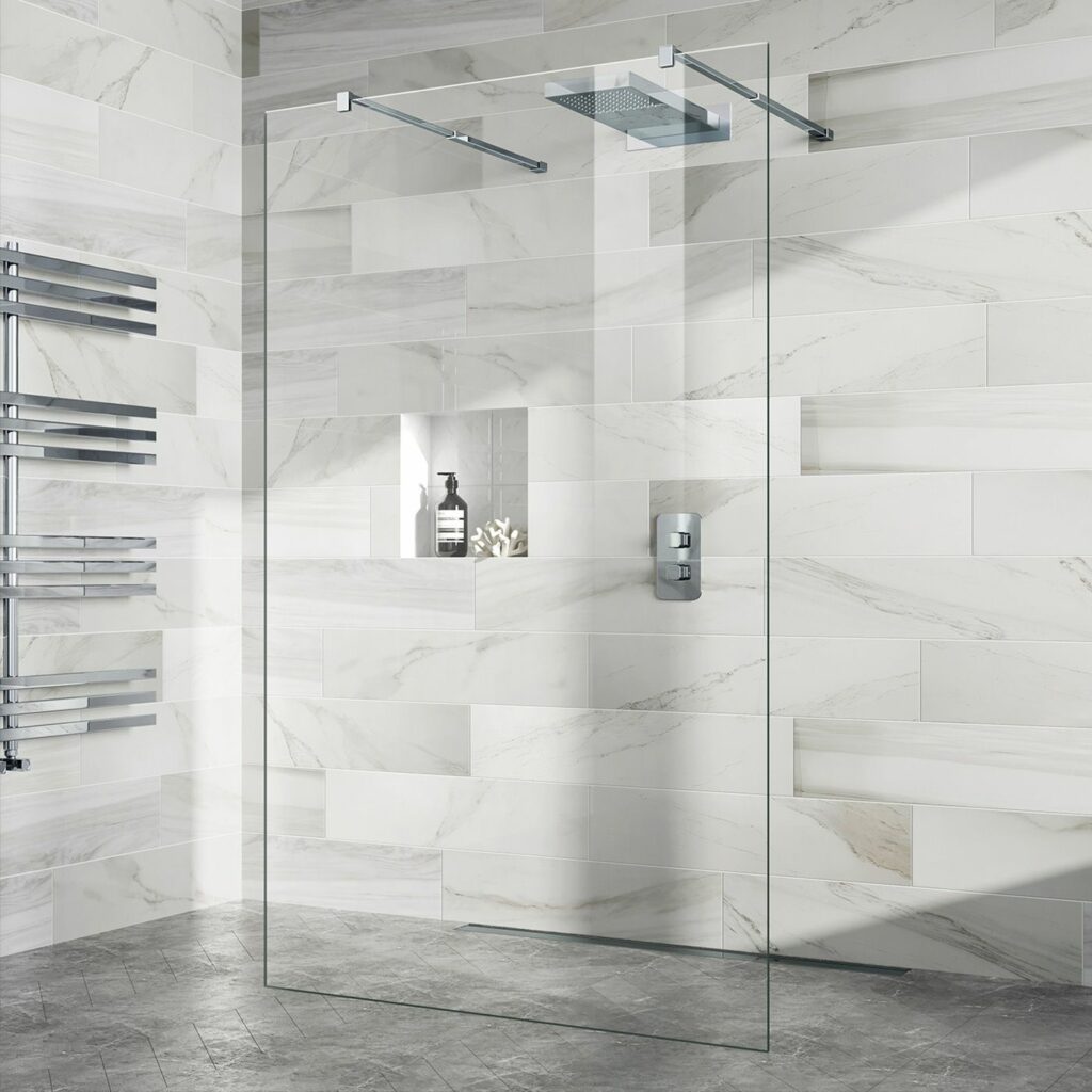 marble brick wall with frameless shower screen