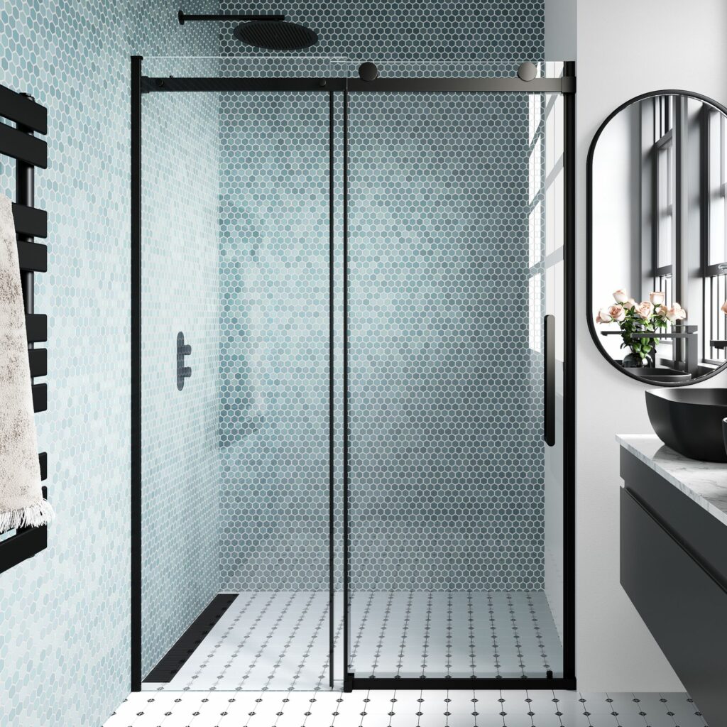 blue mosaic bathroom with large shower enclosure
