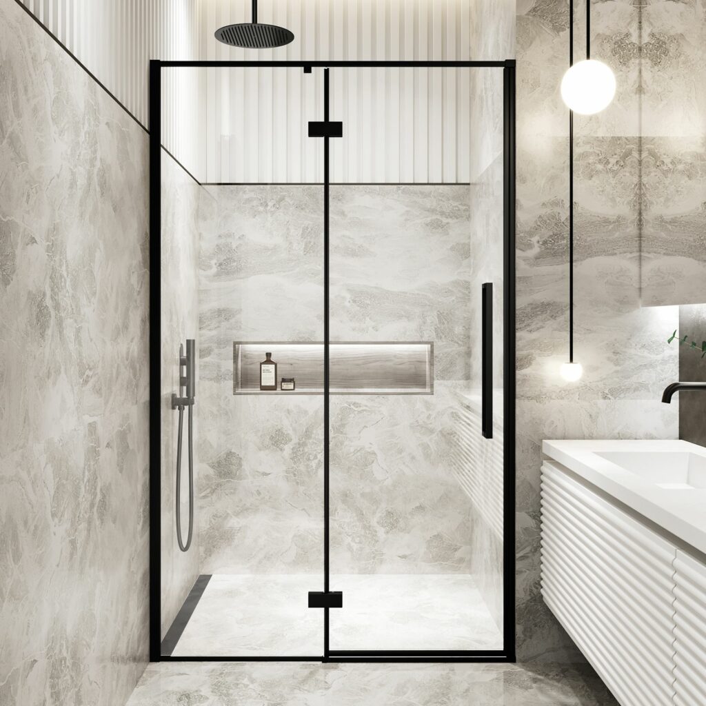 large stone effect bathroom with pivot door shower enclosure