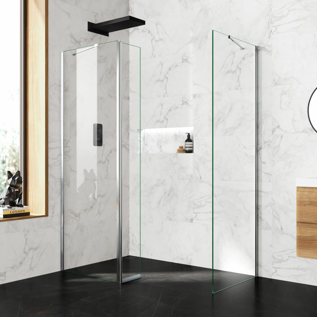 marble bathroom with frameless walk in shower screen