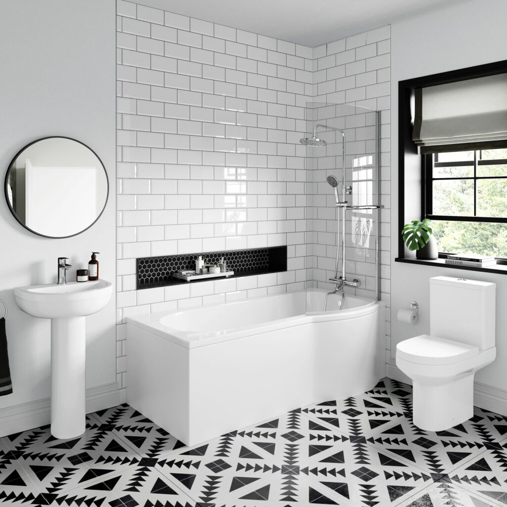 white acrylic basin and toilet set with P shaped bath and shower suite