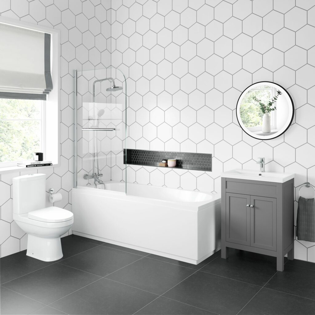 dove grey vanity and toilet set with shower bath and glass screen 