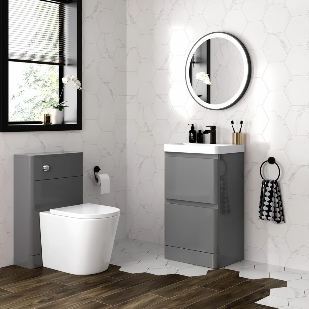 grey acrylic basin drawer vanity unit and back to wall toilet set