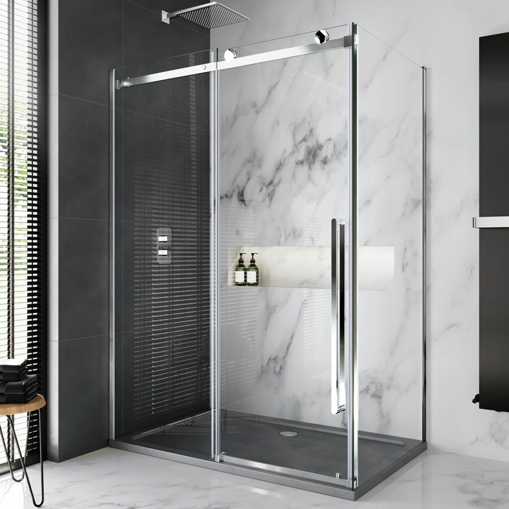 marble bathroom with spacious shower enclosure