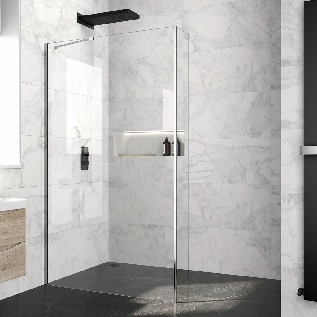 marble bathroom with frameless shower panel