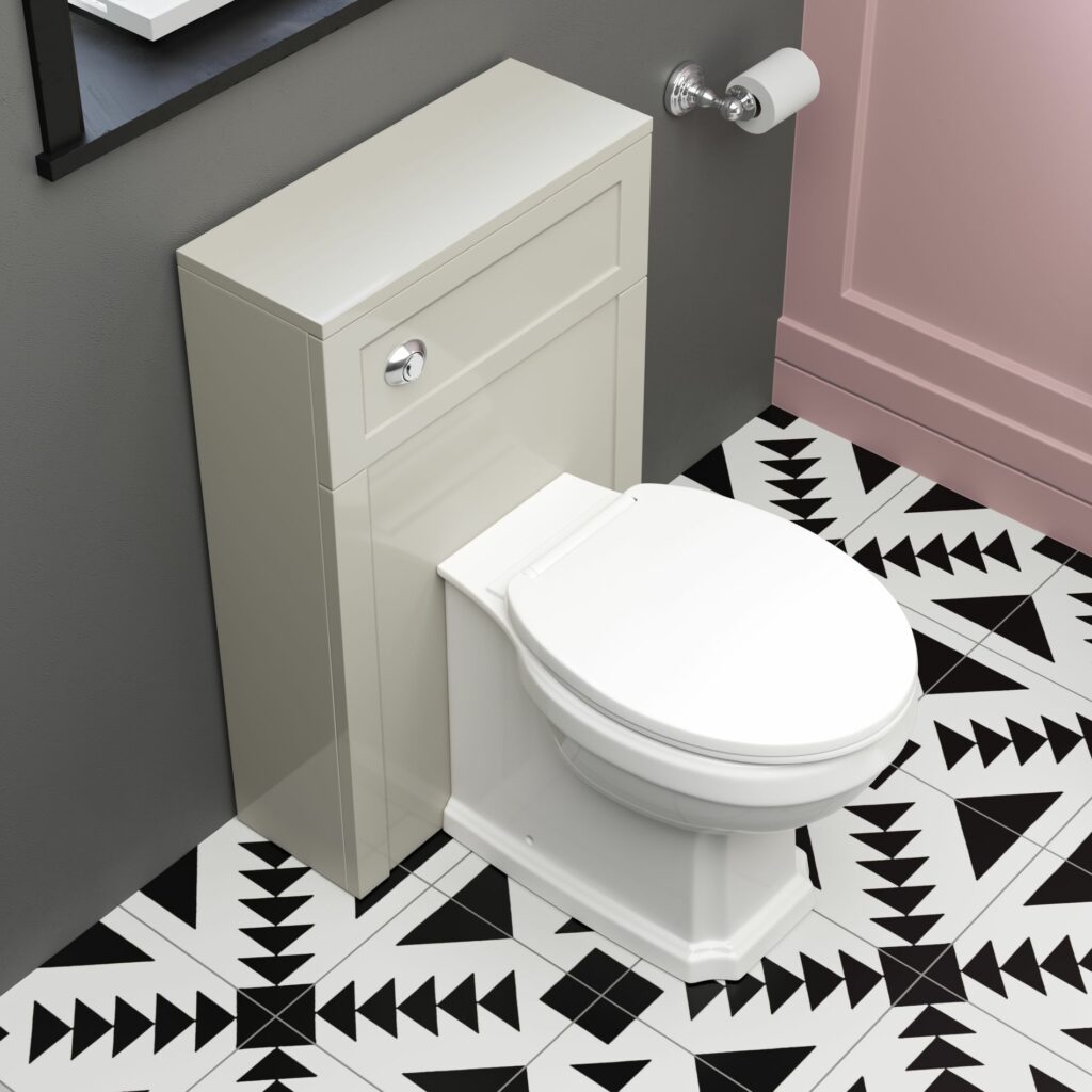 geometric flooring with back to wall unit and toilet