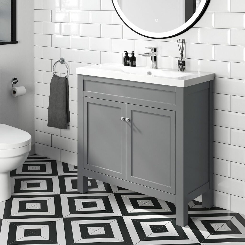 grey vanity unit with a geometric flooring