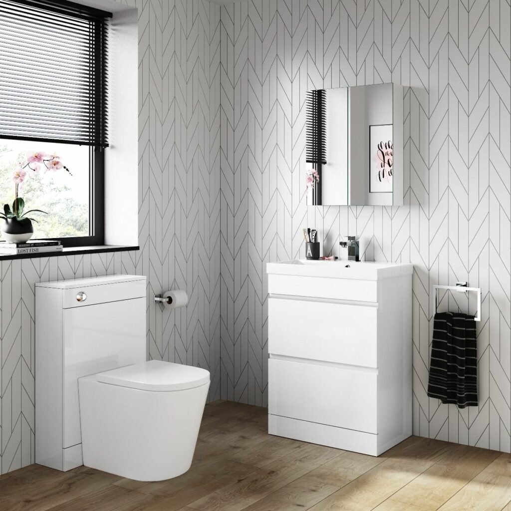 white basin drawer vanity and toilet