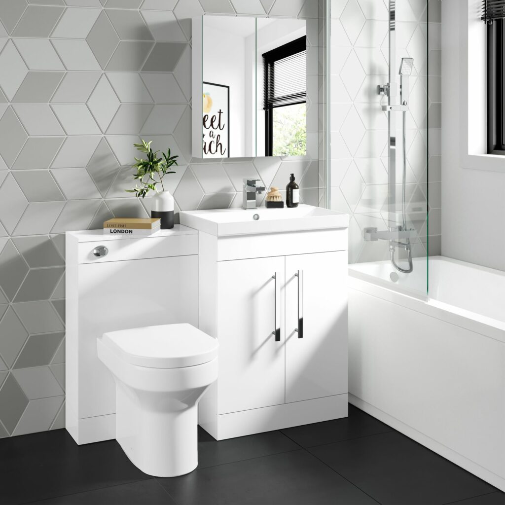 white combined vanity unit with geometric wall