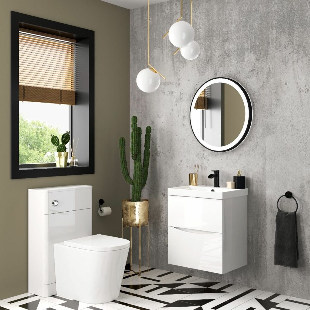 wall hung vanity unit and toilet with geometric flooring