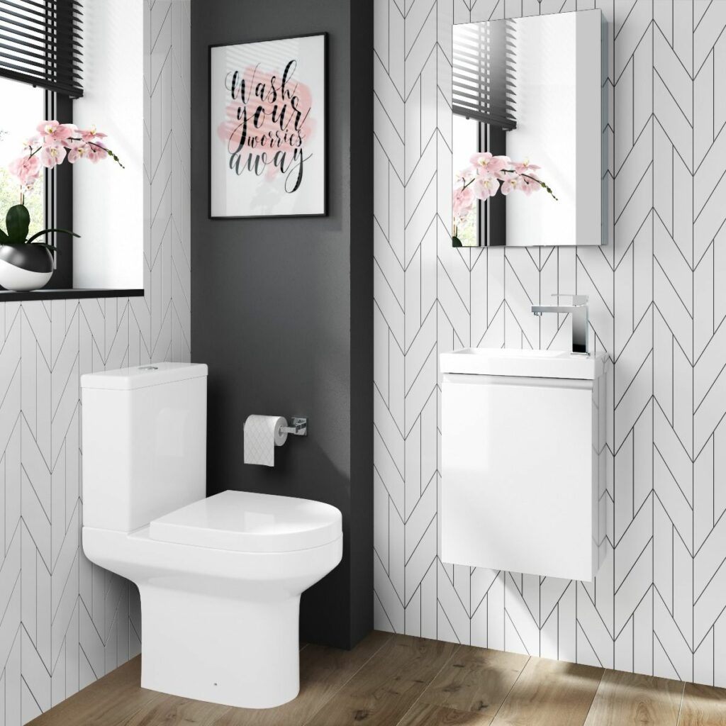 white acrylic cloakroom wall hung basin vanity unit and toilet set