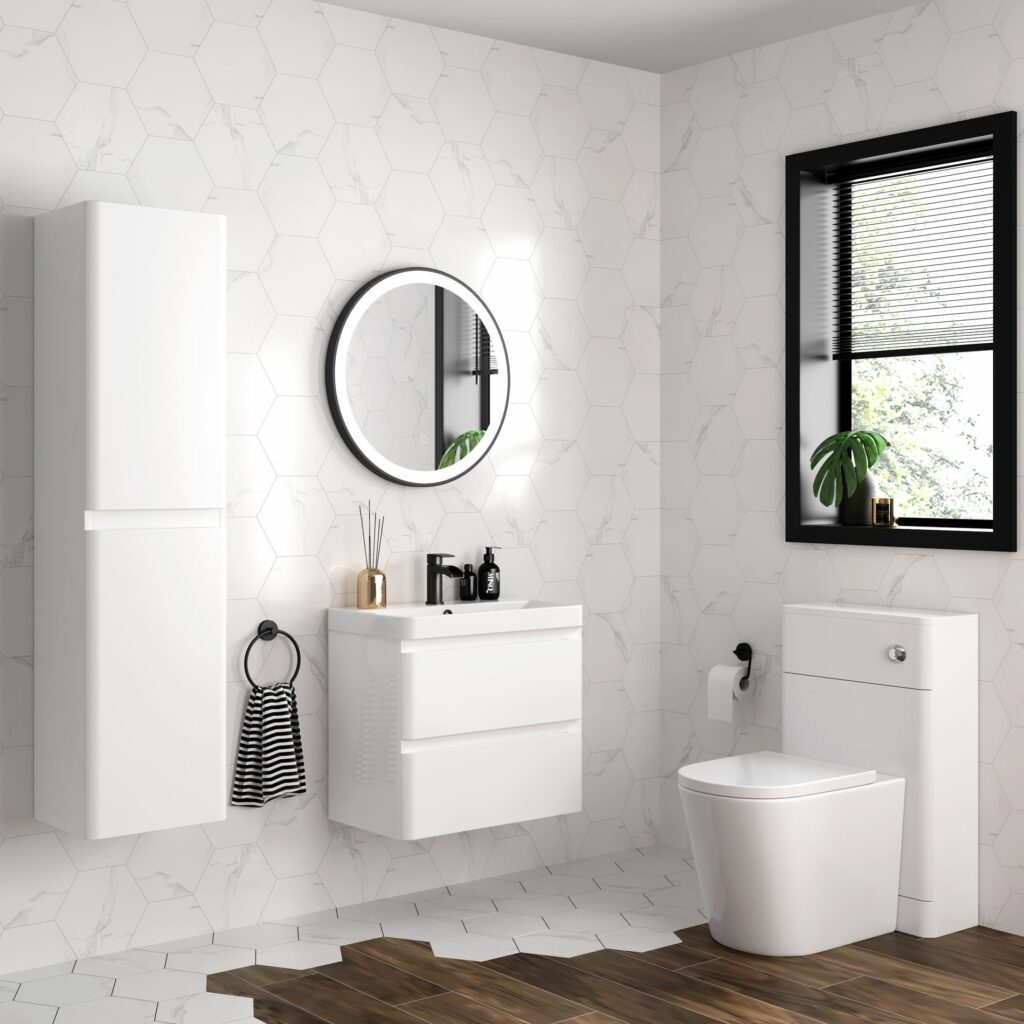 white gloss wall hung vanity unit, toilet and cabinet modern furniture