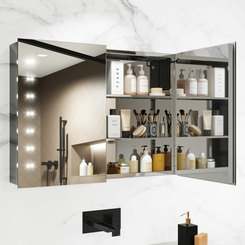 madison battery operated illuminated light up mirror cabinet LED open two door