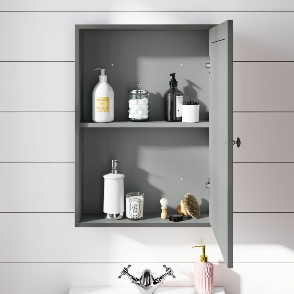 Graphite grey open mirror cabinet with bottles inside