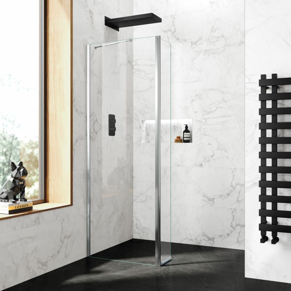 easy clean glass wet room shower pivotal return panel
