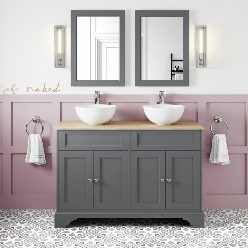 lucia slate grey double vanity with oak top and round countertop basin