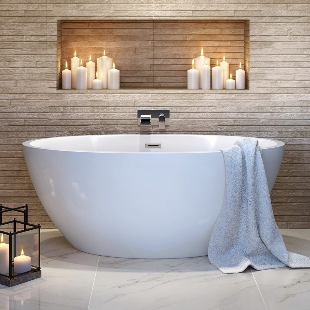 elsa white acrylic freestanding bath in a cosy candle lit bathroom