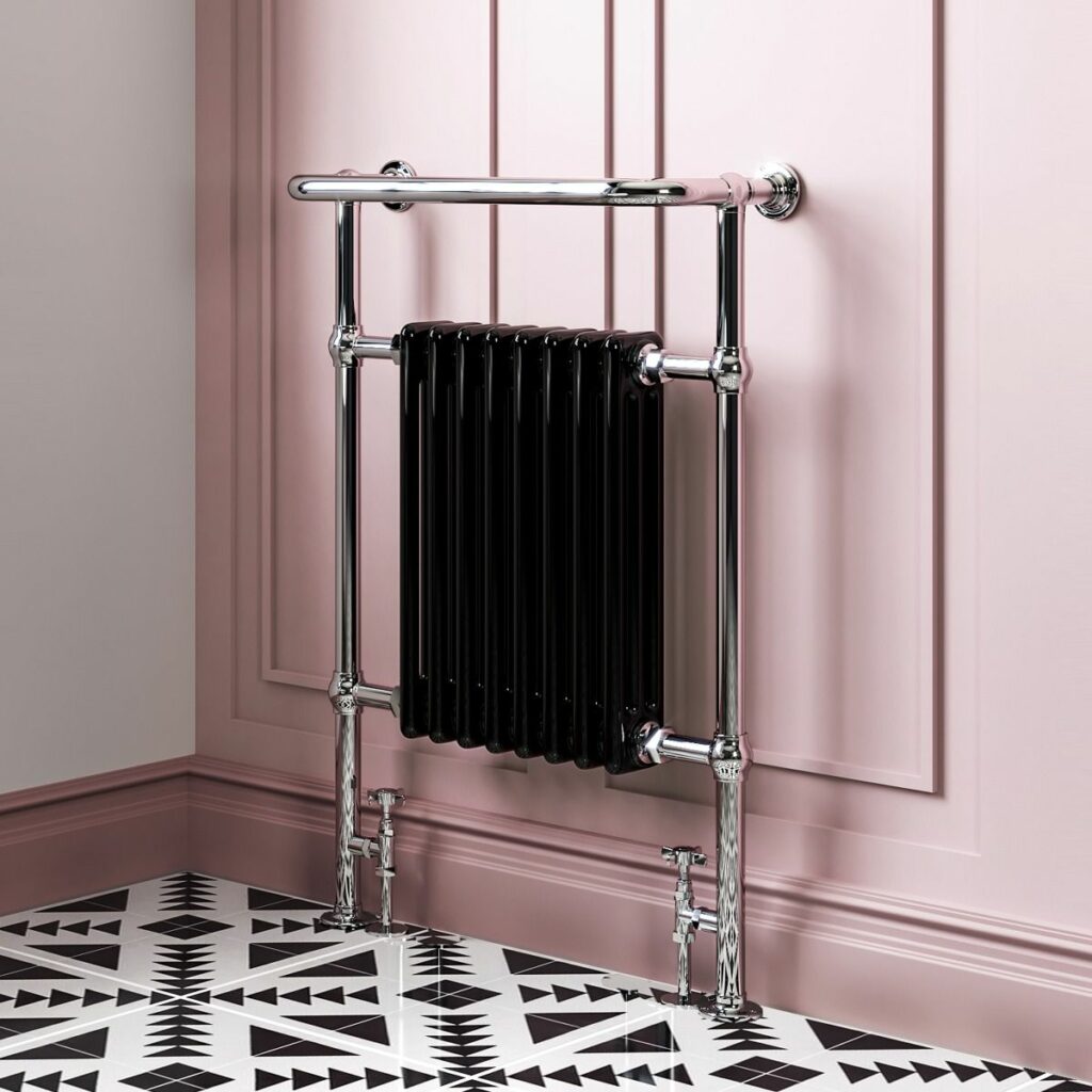 Gloss black traditional heated towel radiator 8 column