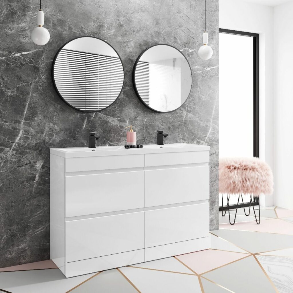 trent gloss white double basin drawer vanity unit